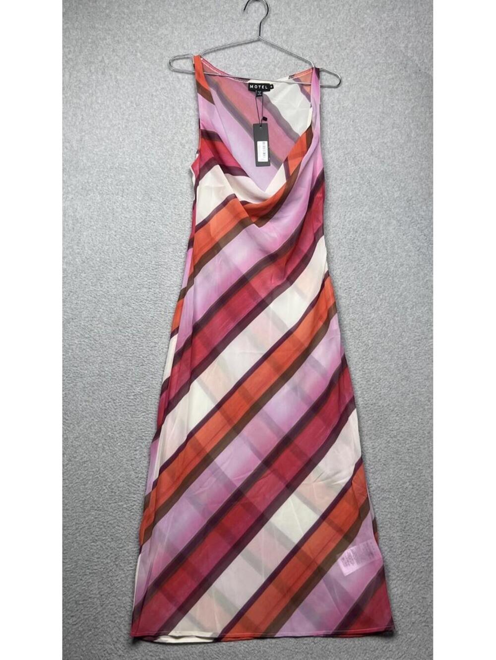 Motel Anira Maxi Dress Pink Chiffon Sheer Stripe Cowl Neck M Y2K Festival 70s